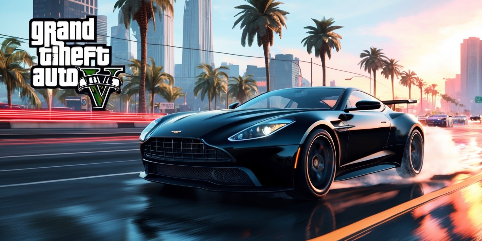 A vibrant, action-packed screenshot from Grand Theft Auto VI, set in a modern, sun-kissed cityscape with palm trees swaying in the breeze, showcasing the game's stunning graphics and realistic textures. In the foreground, a sleek, midnight-black sports car speeds down a highway, wheels screeching, as the game's protagonist, a rugged, tattooed male figure with a strong jawline and piercing brown eyes, dressed in a crisp white shirt and worn denim jeans, grips the wheel with a confident grin. The cityscape stretches out behind, with towering skyscrapers, bustling streets, and neon lights reflecting off the wet pavement, capturing the essence of Rockstar Games' signature open-world experience. The game's logo, a stylized, bold font with a silver and red color scheme, occupies the top-left corner, with subtle, metallic accents that shimmer in the light.