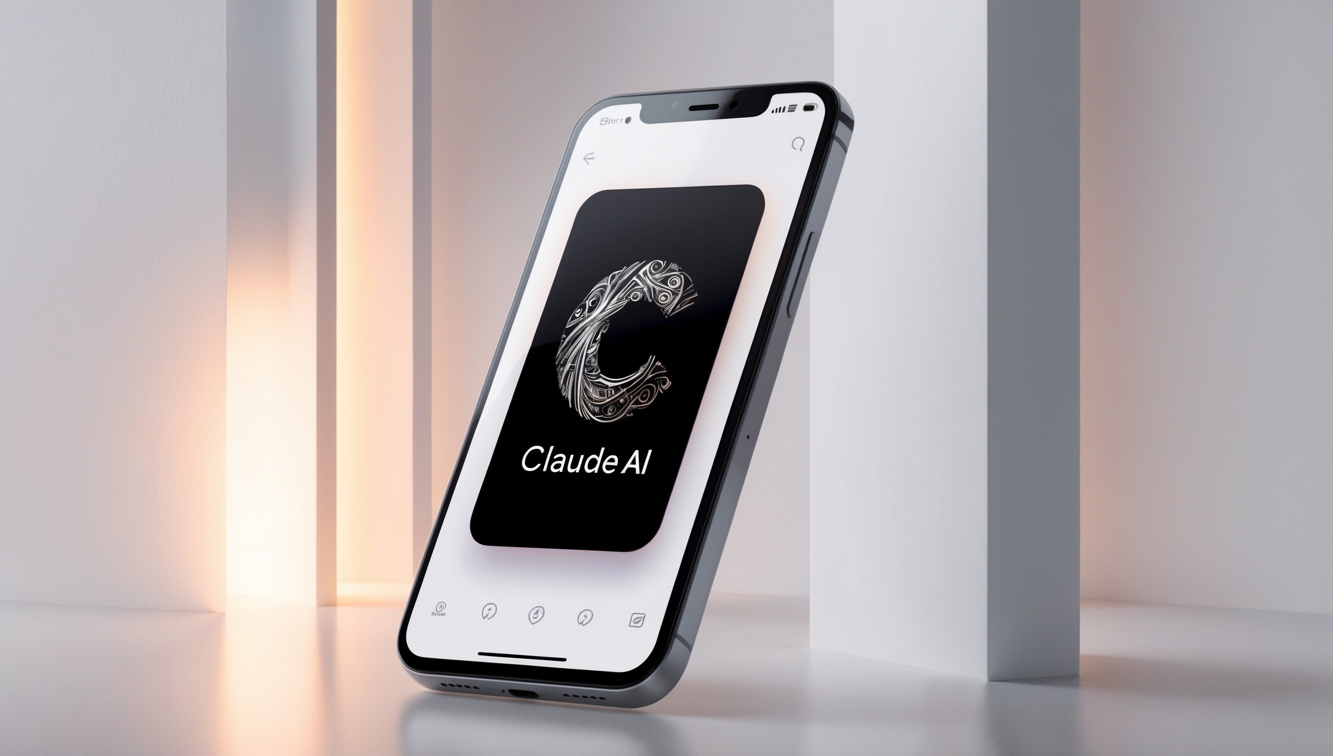 A futuristic and sleek mobile phone screen displaying the Claude AI app, with a bold, modern sans-serif font and a logo that features a stylized letter 