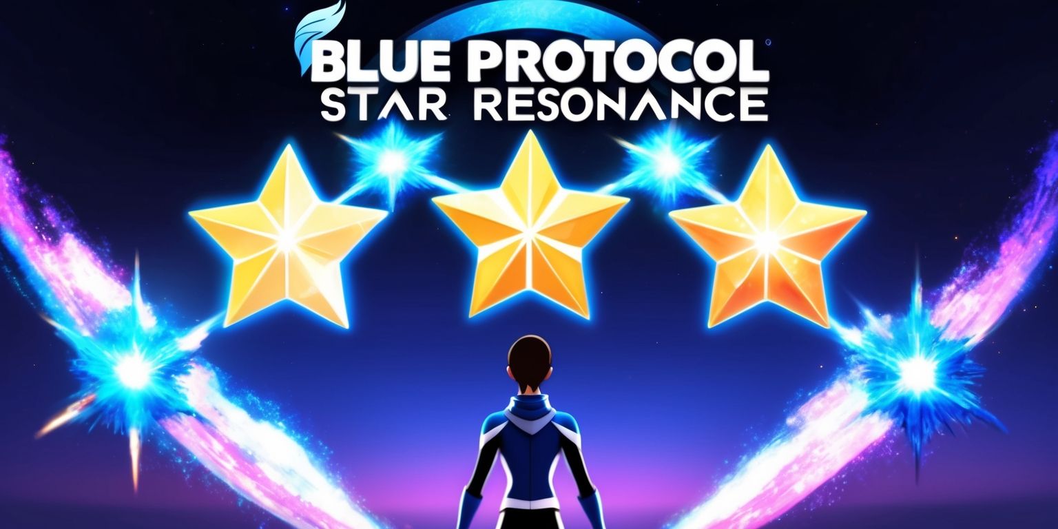 A vibrant fantasy scene depicting the Blue Protocol: Star Resonance game, with a V-shaped formation of five magical stars shining brightly in the night sky, each star having a distinct radiant aura, surrounded by a mesmerizing display of blue and purple hues, set against a dark gradient background, the game's logo is prominently displayed in bold, cursive silver letters with a subtle glow effect at the top of the image, while at the bottom, a silhouette of a lone figure with an androgynous face, short hair, and an athletic build, dressed in a sleek blue and white costume, stands heroically with their back to the viewer, gazing up at the stars in awe.