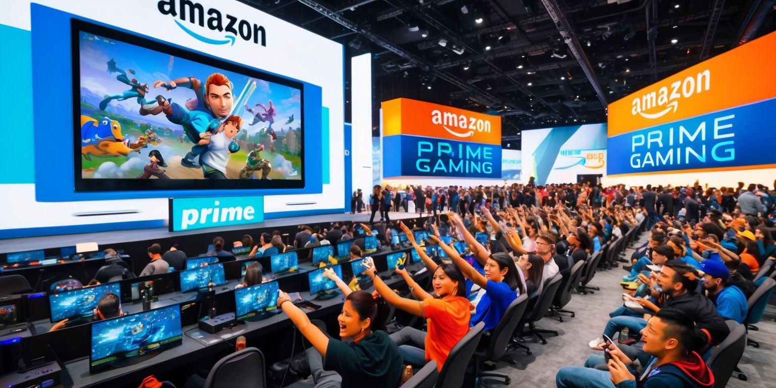A vibrant and lively scene of a crowded Amazon Prime Gaming event with a large screen display showcasing a popular video game, surrounded by enthusiastic gamers of diverse age groups and ethnicities, all with excited facial expressions and unique hairstyles, seated in a spacious convention hall with a sleek and modern interior design, adorned with colorful Amazon Prime Gaming logos and banners in bold fonts and bright colors, including shades of blue and orange, with multiple gaming stations and consoles set up in the foreground, and a large crowd of people mingling and socializing in the background, under a mix of bright white and warm yellow lighting that highlights the energetic atmosphere of the event.