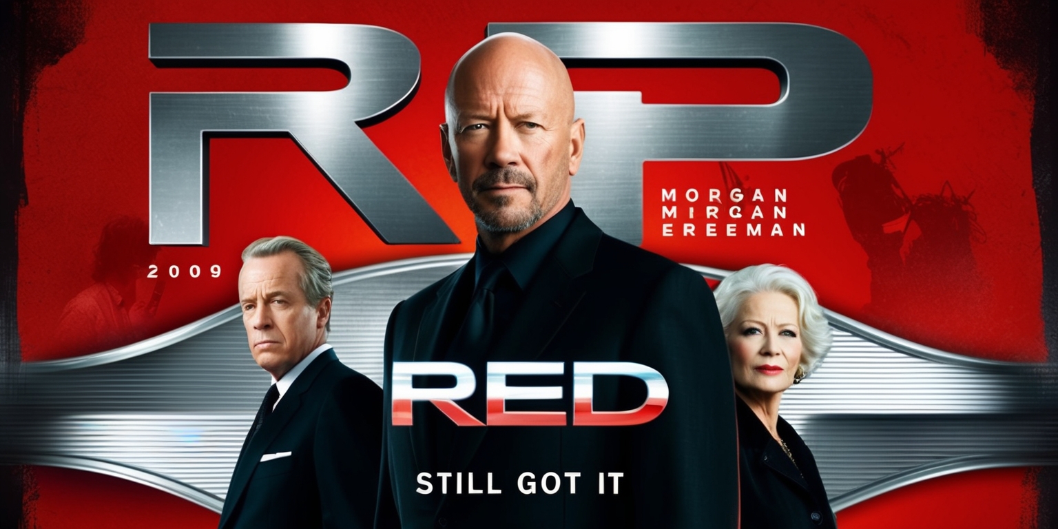 A nostalgic, retro-style poster for the iconic 2009 film Red featuring Bruce Willis, Morgan Freeman, and Helen Mirren as retired CIA operatives, set against a bold, fiery red background with hints of metallic silver and dark shadows, evoking a sense of high-stakes action and intrigue. Bruce Willis, with his distinctive rugged facial features and piercing blue eyes, stands front and center, dressed in a sleek black suit, with Morgan Freeman and Helen Mirren flanking him, their faces etched with determination and wisdom. The title Red is emblazoned across the top in stylized, metallic font, with the tagline Still Got It written in smaller text at the bottom, in a curved, dynamic layout that echoes the film's themes of Aging, Power, and Redemption.