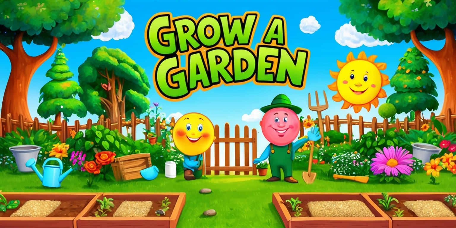 A vibrant and colorful illustration of a whimsical garden setting with lush greenery, vibrant flowers, and towering trees, surrounded by a wooden fence with a gate, featuring a variety of gardening tools and objects, such as watering cans, rakes, and seeds, with a few friendly-looking cartoon characters, including a smiling sun and a happy gardener, both with bright facial features and rosy skin tones, amidst a bright blue sky with puffy white clouds, and in the foreground, a few garden beds with neatly arranged stones and pathways, with the words Grow a Garden written in bold, curly, green letters with golden outlines, in a playful, adventurous font style, across the top of the image, capturing the essence of a fun and interactive gardening game.
