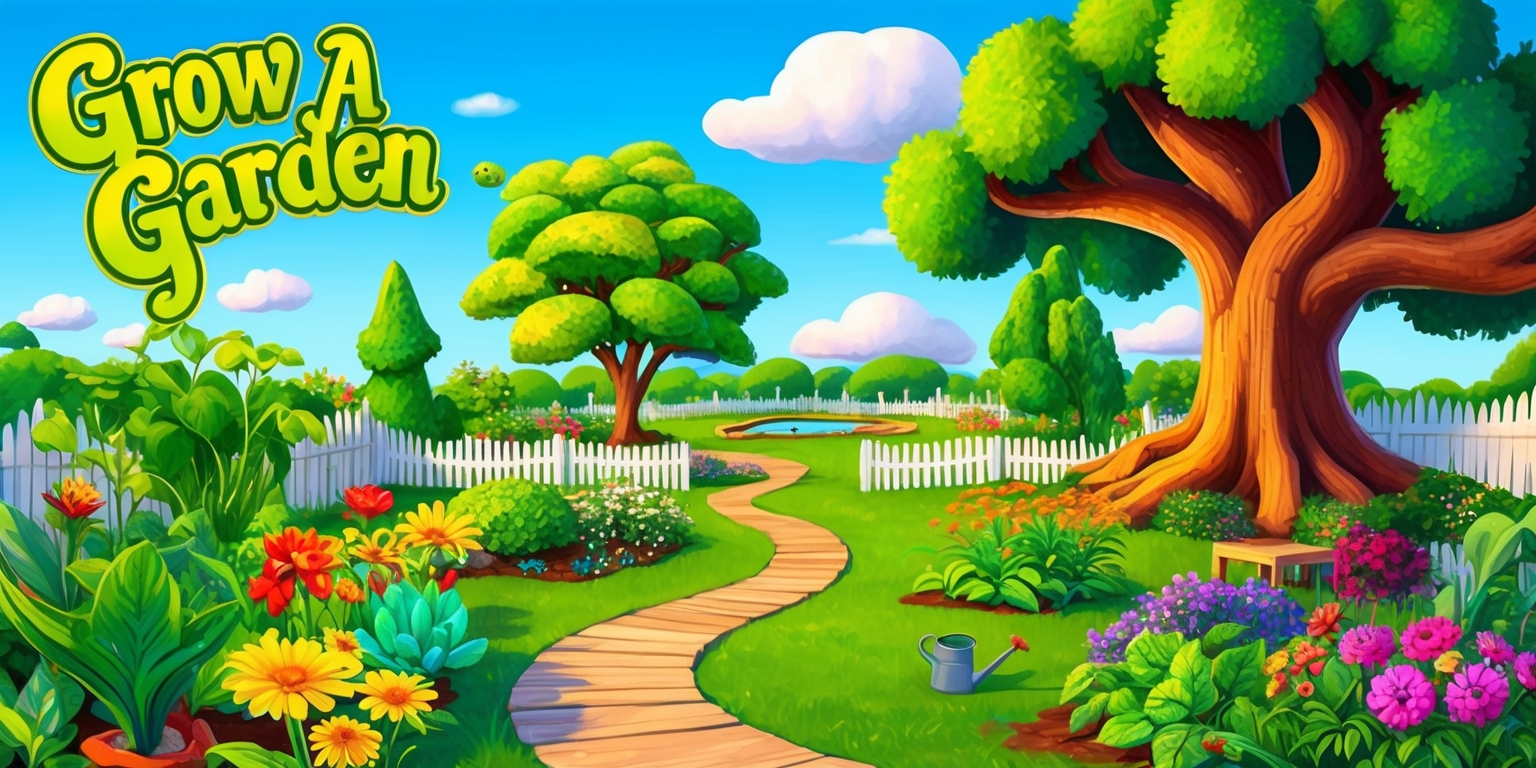 A vibrant and colorful illustration of a whimsical garden, set against a clear blue sky with fluffy white clouds, for the Grow a Garden game, featuring a variety of lush green plants, bright blooming flowers of different shapes and sizes, and towering trees with sturdy trunks and sprawling branches, with a meandering wooden path and a small pond in the distance, surrounded by a white picket fence, with a few garden tools and a watering can lying nearby, and a sunny warm light casting a gentle glow over the entire scene, with the game's title Grow a Garden written in bold, curly, green letters with yellow outlines, in the top left corner of the image.