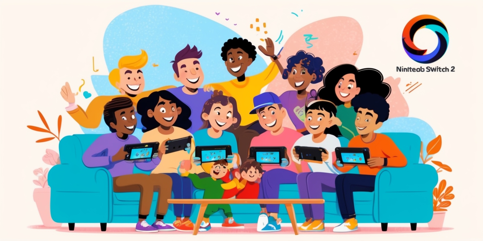 A vibrant, modern illustration showcasing the Nintendo Switch 2's GameShare feature in action, set against a soft, pastel blue background that evokes a sense of friendship and togetherness. In the center, a group of diverse, lively friends and family members of varying ages, skin tones, and hairstyles gather around a coffee table, each holding their own Nintendo Switch 2 console. Their faces light up with excitement and smiles as they engage in a fun, immersive multiplayer gaming session, with the GameShare feature's user-friendly interface visible on each screen. The illustration style blends playful, rounded lines with subtle textures, reminiscent of digital art. The GameShare feature's logo, a stylized, interconnected circle of friends, appears prominently in the top-right corner, with bold, bright colors that pop against the softer background. The overall atmosphere is one of joy, inclusivity, and modern gaming innovation.