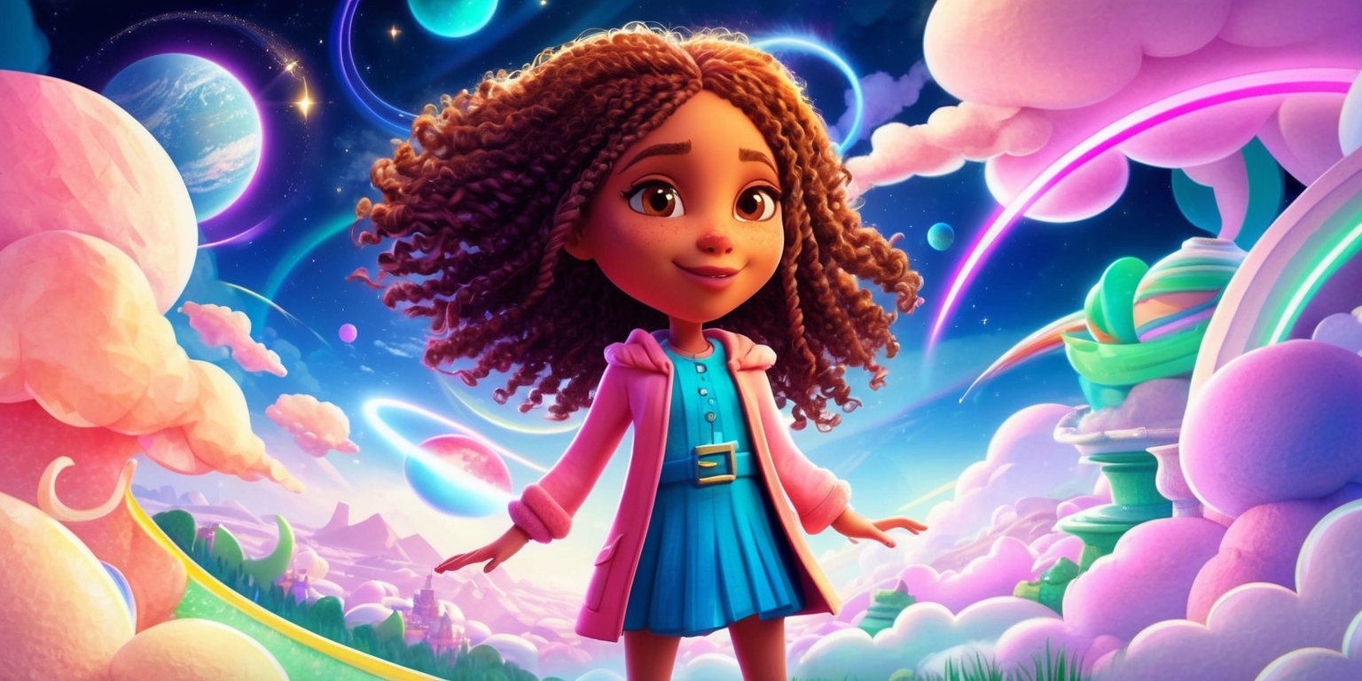 A whimsical, dreamlike illustration of Nikki, the protagonist from the Infinity Nikki game, set against a vibrant, starry night sky with swirling clouds of pastel hues and neon lights. Nikki stands in the center, dressed in her iconic attire, with her long, curly hair flowing in the wind and her bright, expressive eyes sparkling with curiosity. Her skin has a healthy, golden glow, and her facial features are soft and endearing. The background is a fusion of celestial bodies, fantastical landscapes, and abstract shapes, blending seamlessly into a surreal, infinity-inspired landscape. The colors are a mix of pastel pinks, blues, and purples, with neon accents in green, yellow, and orange, creating a mesmerizing, ethereal atmosphere. The overall style is reminiscent of a watercolor painting, with delicate, swirling brushstrokes and subtle texture.