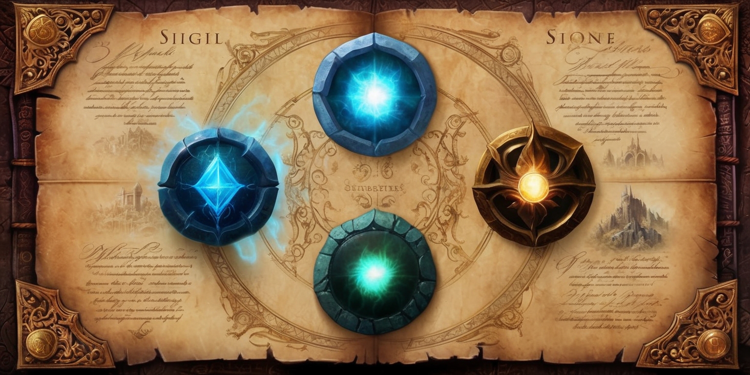 A majestic, ornate illustration of the Sigil Stones, glowing with an ethereal light, set against a worn, leather-bound parchment backdrop, adorned with intricate, golden filigree and mysterious, ancient runes. The stones, five in total, are arranged in a circular pattern, each unique in shape, size, and color, with subtle, soft glows emanating from within, representing their distinct magical properties: one radiates a bright blue aura, signifying enhanced Magicka, another shimmers with a dark, emerald green, indicating stealth, while a third pulsates with a warm, golden light, suggesting inventory management. The parchment itself bears ornate, cursive script, detailing the strategic benefits and gameplay implications of each stone, with subtle, whimsical illustrations of Oblivion's fantasy world scattered throughout, featuring rolling hills, mystic forests, and ancient, crumbling architecture.