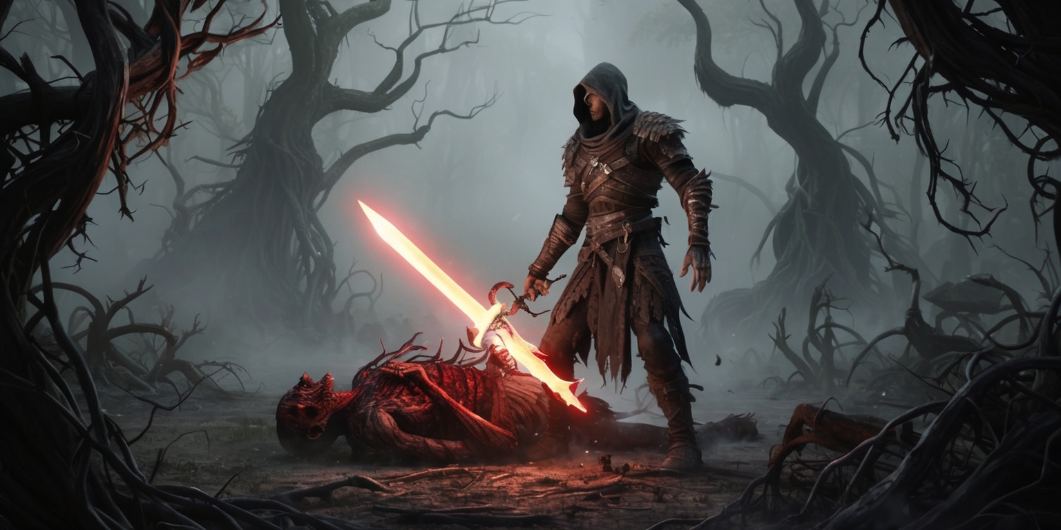 A dark fantasy action RPG scene from Path of Exile 2, set in a dimly lit, mysterious forest with twisted, gnarled trees looming in the background, their branches like skeletal fingers reaching towards the sky. In the foreground, a solitary, hooded figure clad in tattered, dark leather armor and wielding a glowing, crimson-edged sword stands victorious over a defeated, gruesome monster, its corpse strewn about the mist-shrouded forest floor. The atmosphere is heavy with an air of foreboding, the only light source a faint, flickering luminescence emanating from the sword and casting an eerie glow on the surrounding environment. The color palette is predominantly dark, with shades of charcoal grey, crimson, and gold, evoking a sense of danger, mystery, and ancient power. The entire scene is framed by twisted, thorny vines and overgrown foliage, as if the forest itself is watching the player's every move.