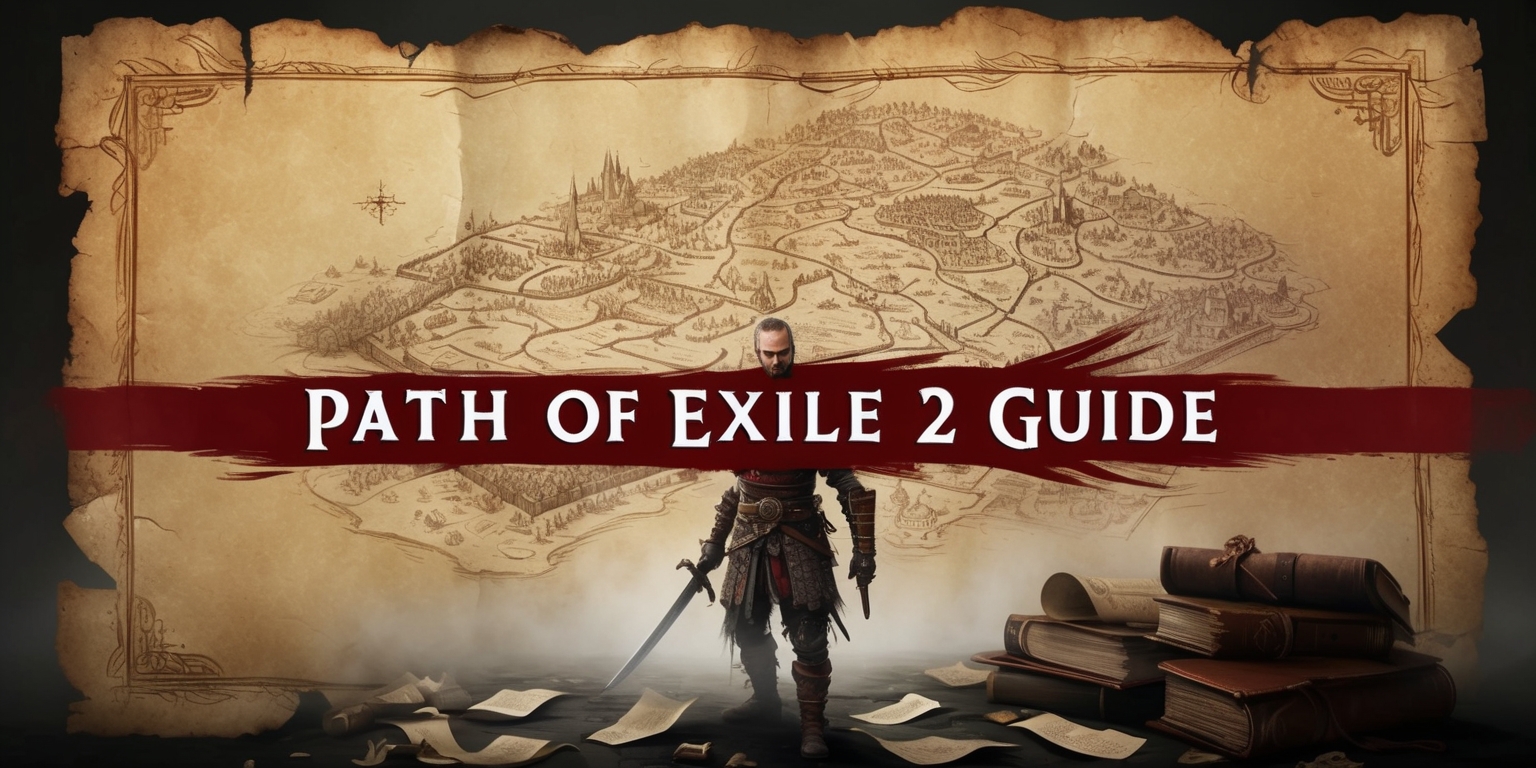 A dimly lit, worn, and torn parchment map serves as the backdrop, with a golden-brown hue and intricate, mystical markings etched along its borders, showcasing the sprawling landscape of Wraeclast, a dark fantasy world. In the foreground, a bold, crimson-colored title Path of Exile 2 Guide is emblazoned across the top in a stylized, serif font, with subtle, ornate details resembling ancient tomes. Below the title, a delicate, hand-drawn illustration of a exiled warrior, with a determined expression, stern facial features, and a strong jawline, stands amidst a subtle mist, clad in worn, tattered armor, with a sword at the ready, surrounded by scattered, crumpled papers, quills, and leather-bound tomes, evoking a sense of worn, rugged determination. The overall aesthetic is dark, gritty, and mysterious, with muted earth tones and splashes of crimson, exuding a sense of foreboding and danger.