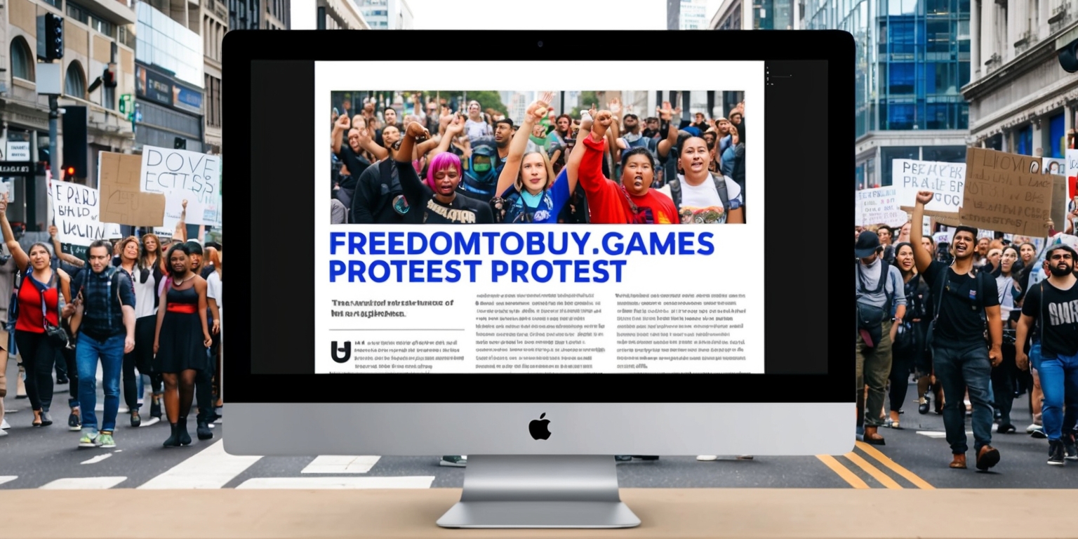 A modern computer screen displaying a news article about the FreedomToBuy.games protest on a crowded city street with protesters holding signs and banners, the screen showing a bold headline in a sleek sans-serif font with the words FreedomToBuy.games in a bright blue color, the news article featuring a large high-quality image of a diverse group of protesters with determined facial expressions and raised fists, the protesters having varying skin colors and unique attributes such as colorful hair and tattoos, the background of the city street showing a mix of modern skyscrapers and old buildings with people of all ages and ethnicities walking in every direction, the overall atmosphere of the image conveying a sense of urgency and activism.