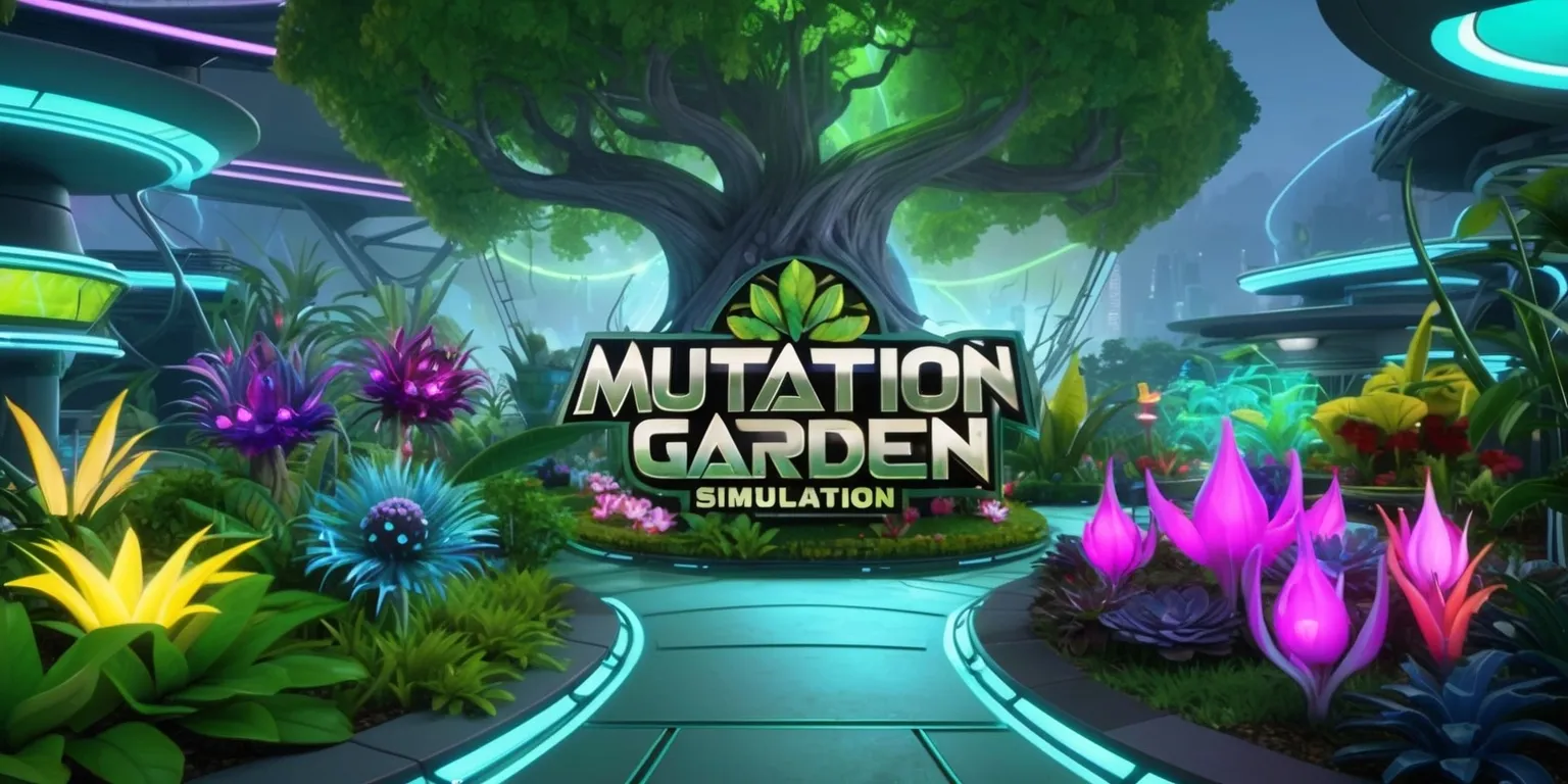 Mutation Garden simulation game set in a vibrant futuristic world with lush greenery and diverse flora, featuring a variety of strange and exotic mutated plants with glowing petals and leaves in shades of purple, blue, and pink, surrounded by sleek metallic pathways and futuristic architecture with neon lights, in the background a massive tree with a glowing aura towers over the landscape, the game's logo is emblazoned in bold, metallic letters with a stylized font, the color scheme is predominantly green and blue with accents of yellow and orange, the overall atmosphere is one of mystery and wonder, with a sense of discovery and exploration, the game's interface is minimalistic and intuitive, with subtle animations and transitions that enhance the immersive experience.