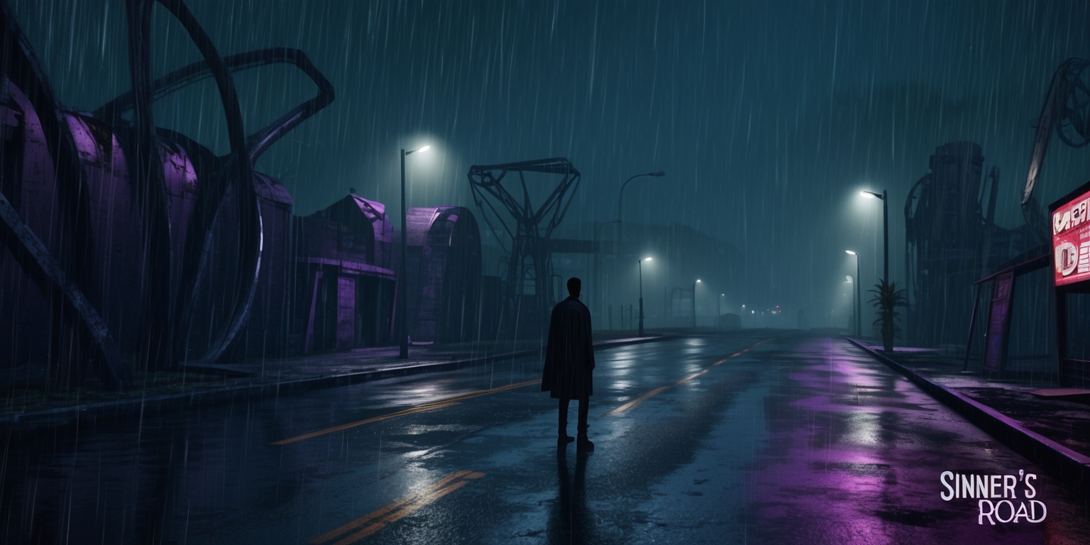 A dark and mysterious level design for a game titled Sinner's Road, set in a gritty, dystopian environment with a dominant color palette of deep indigos and purples, illuminated by faint, flickering streetlights that cast long shadows across the desolate, rain-soaked asphalt, with twisted, metallic structures and crumbling buildings in the background, and in the foreground, a lone, silhouetted figure stands at the edge of the road, looking out towards the distant, haze-shrouded horizon, with bold, neon-lit signs and flickering advertisements reflected in the wet pavement, and the overall atmosphere is one of foreboding and tension, with a sense of unease and uncertainty hanging in the air.