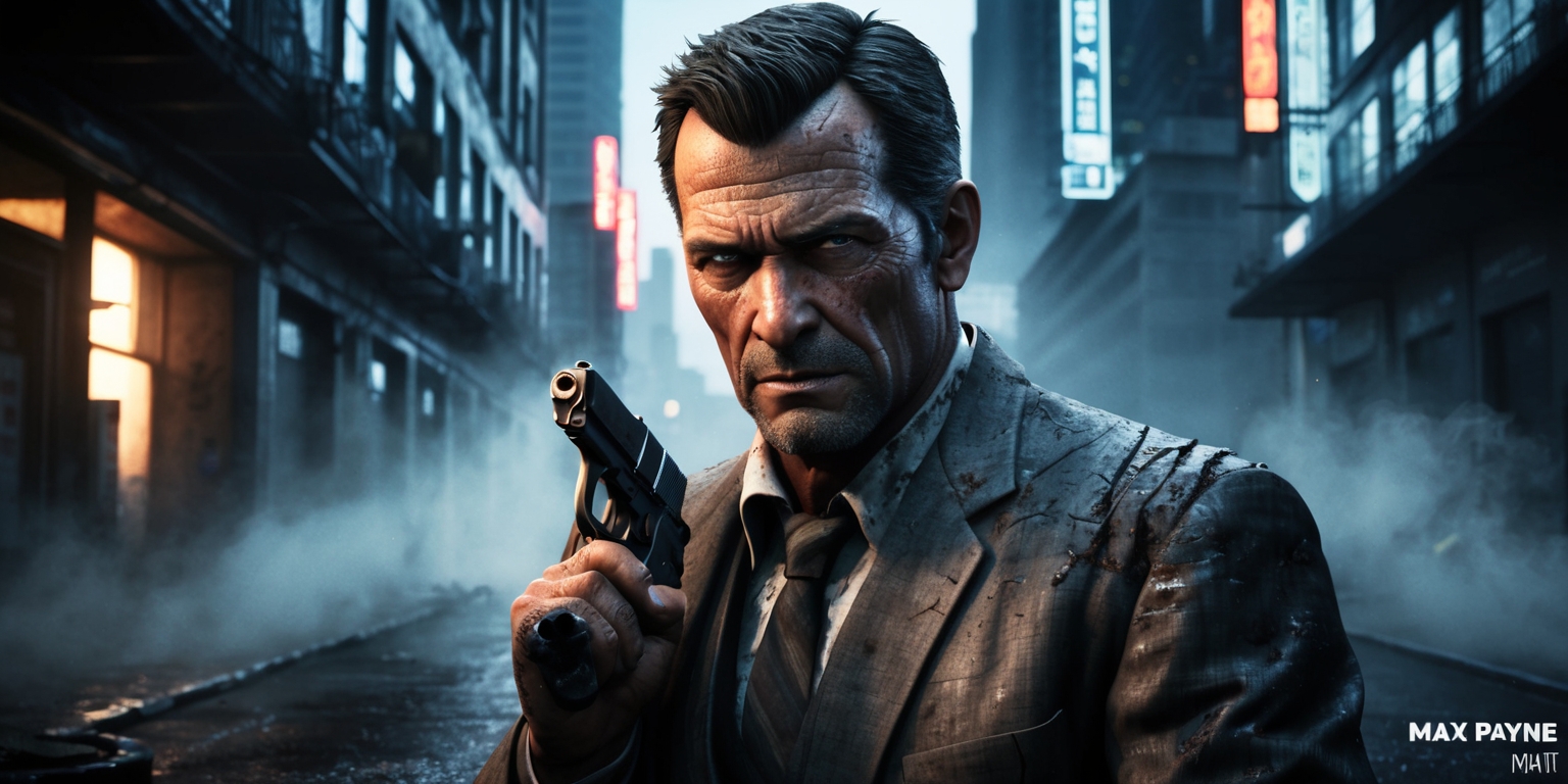 A gritty, high-contrast, cinematic image depicting Max Payne, the protagonist, in a dark and gritty urban environment, likely set in São Paulo, Brazil, with a focus on his worn and weary facial expression, sharp jawline, and piercing eyes, donning a crumpled suit and armed with a pistol, surrounded by neon-lit skyscrapers, dimly lit alleys, and atmospheric fog, with a color palette leaning towards muted blues, greys, and dark browns, evoking a sense of noir-inspired, hard-boiled fiction, with subtle hints of warm lighting and deep shadows, as if captured through a camera lens with a shallow depth of field, emphasizing Max's intensity and determination, with possible hints of rain-soaked pavement and cigarette smoke wafting through the air.