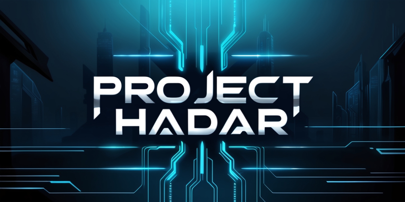 A futuristic, high-tech video game illustration depicting the logo of Project Hadar in bold, metallic silver font with sharp, angular lines, set against a dark, gradient blue background that evokes a sense of depth and mystery. The logo is centered, with glowing blue circuits and wires radiating from it, suggesting a powerful and advanced technology. In the background, subtle, neon-lit cityscapes or futuristic landscapes can be hinted at, with sleek, angular architecture and towering skyscrapers. The overall style should be sleek, modern, and slightly cyberpunk-inspired, with clean lines, minimal textures, and a focus on bold, striking colors. The illustration should convey a sense of innovation, progress, and cutting-edge technology, while also hinting at the unknown and the mysterious.