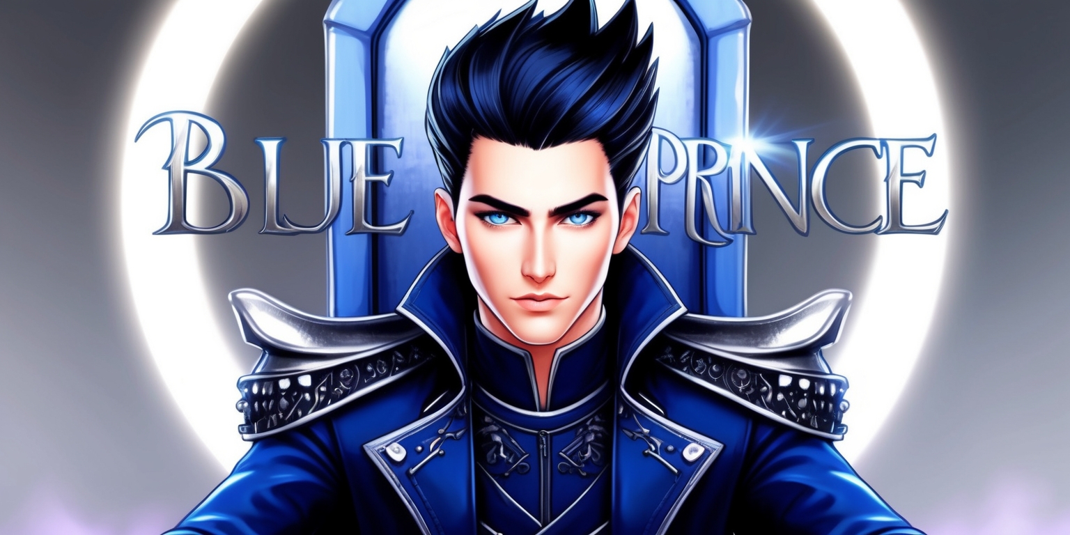 A digital illustration of a regal young man with piercing blue eyes and jet-black hair, styled in a modern, edgy pompadour, donning a sleek, navy blue, long-sleeved jacket adorned with intricate, metallic accents, seated on a throne, surrounded by a halo of soft, white light, with a subtle, gradient effect in the background, evoking a sense of mystery and power, as if he's the protagonist of a fantasy video game, with the words Blue Prince inscribed in bold, silver, cursive font above him, with a subtle, metallic sheen, conveying a sense of luxury and sophistication.