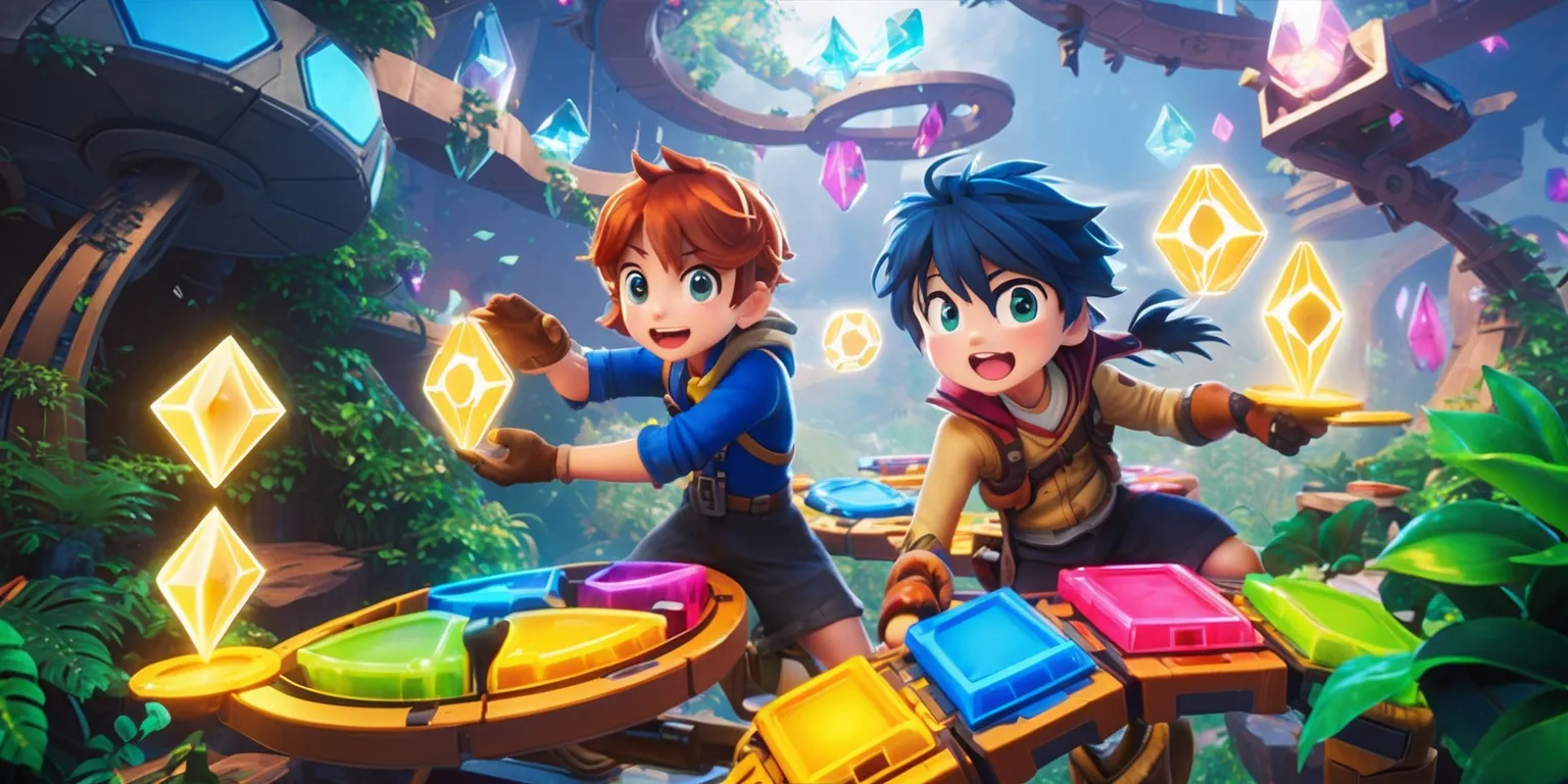 Anime-inspired co-op puzzle game scene featuring two expressive young adventurers collaborating to solve an intricate environmental puzzle in a vibrant fantasy world. One character manipulates glowing geometric symbols while the other moves colorful mechanical platforms, emphasizing teamwork and interaction. Dynamic anime-style facial expressions, detailed hair, distinctive outfits, and clear visual communication between the characters. Lush foliage, floating structures, luminous crystals, interconnected pathways, and cleverly integrated puzzle mechanisms fill the environment. Bright cel-shaded colors, crisp linework, dramatic soft lighting, magical particle effects, polished game concept art, cinematic composition, balanced foreground and background details, inviting adventurous atmosphere, and a clear sense of cooperative gameplay.
