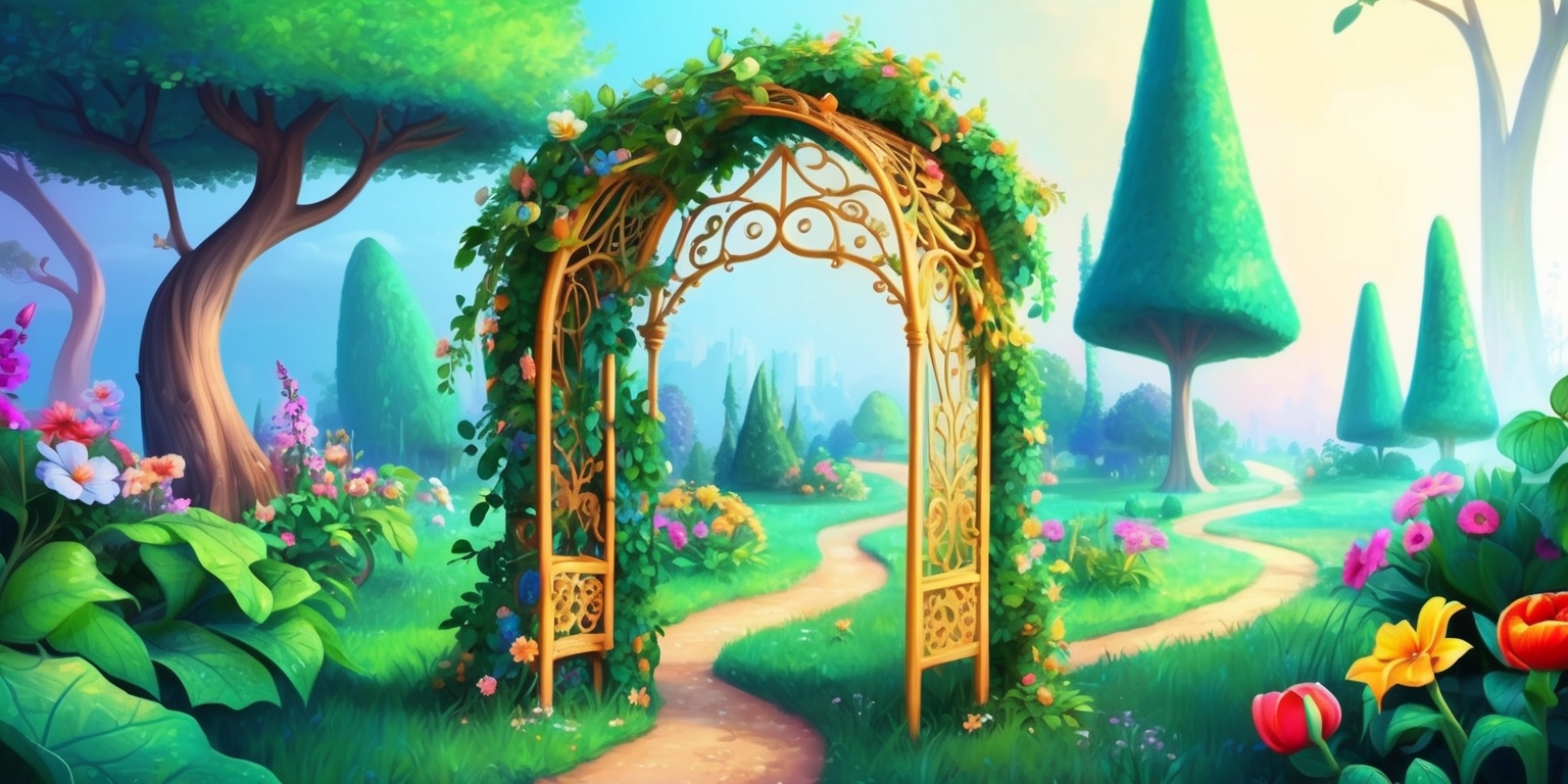 A whimsical digital illustration of a fantastical garden scene, with vibrant flowers, towering trees, and winding pathways, set against a soft, gradient blue sky, for the Grow a Garden game, featuring a delicate, golden-hued trellis with intricate patterns, adorned with lush green vines and colorful blooms, in a ornate, mystical style, with subtle texture and subtle lighting effects, emphasizing the sense of wonder and discovery, with bold lines and gentle shading, and incorporating subtle, shimmering details to evoke a sense of magic and growth.