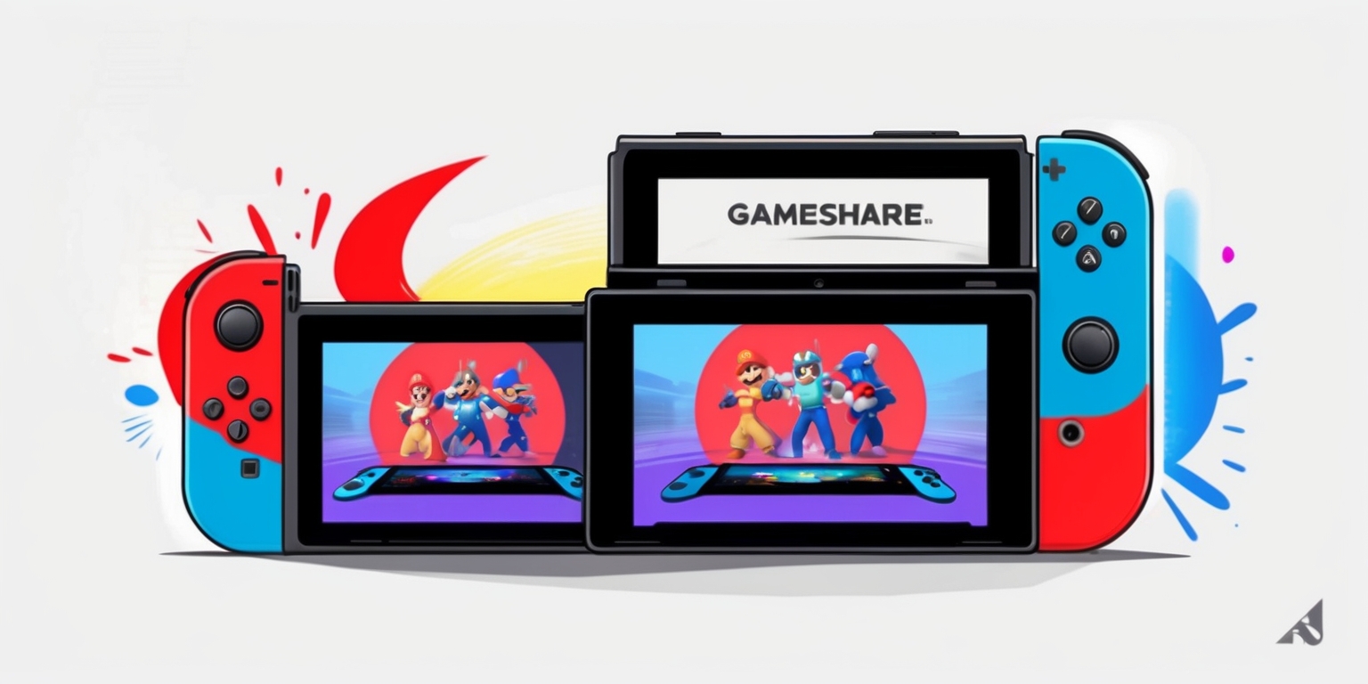 A vibrant and colorful illustration showcasing the Nintendo Switch 2 console with a prominent display of its innovative GameShare feature, where two players are seen playing a co-op game together on separate devices, with one device's screen mirrored on the other, highlighting the seamless gameplay experience, set against a clean white background to emphasize the console's sleek design, featuring a modern and minimalist aesthetic, with bold lines, rounded edges, and a splash of bright colors, specifically the iconic Nintendo red and blue hues, with subtle gradient effects to add depth and dimension, and a subtle glow effect around the screens to represent the excitement of gaming, with the Nintendo logo subtly integrated into the design, in a sleek, modern sans-serif font, in a silver color that matches the console's trim, and the GameShare logo placed prominently above the console, in a bold, rounded font, colored in a bright, electric blue, with a slight shadow effect to give it a sense of depth.