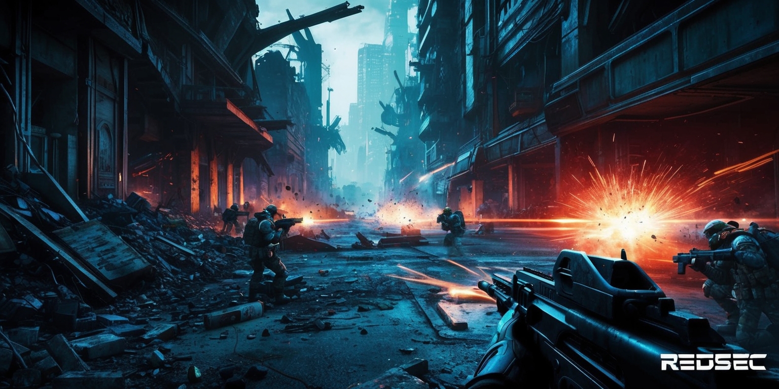 A dystopian battlefield scene from the Redsec game, set in a dark and gritty urban environment with remnants of destroyed buildings and debris-filled streets, featuring a mix of futuristic and militarized elements, with a dominant color scheme of deep blues and greys, and subtle hints of neon red and orange, illuminated by the glow of explosions and muzzle flashes, with a focus on the intense action and chaos of the battlefield, and incorporating stylized graphics and visual effects reminiscent of a first-person shooter game, with a dynamic layout and dramatic framing that captures the energy and tension of the scene.