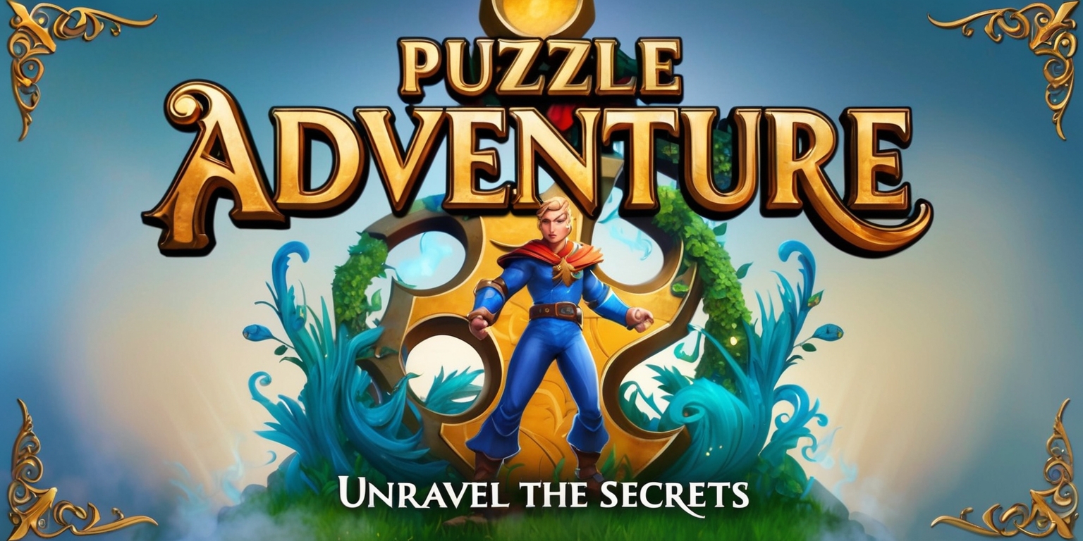 A fantasy-themed video game cover art featuring a magnificent, intricately designed puzzle piece in the foreground, with a heroic character in a typical T-pose stance, appearing victorious and powerful, placed in the center of the piece, surrounded by lush greenery and mystical blue mist, with golden accents and ornate details scattered throughout the design, set against a warm, gradient blue background, evoking a sense of adventure and mystery, with the game title Puzzle Adventure emblazoned in bold, golden, curly font across the top, and the tagline Unravel the Secrets written in smaller, cursive text at the bottom.