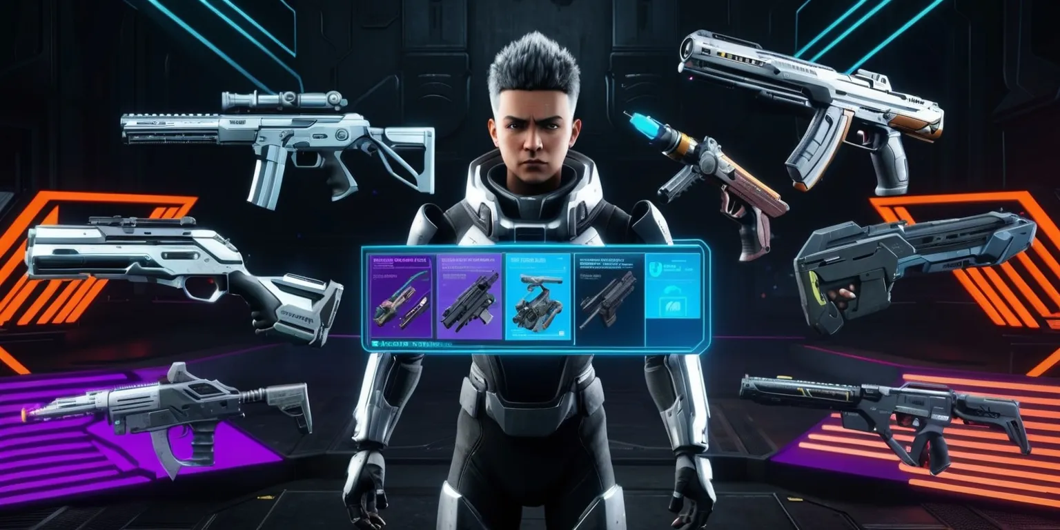 A futuristic video game screenshot of Weapon Evolution, with sleek metallic firearms and advanced melee weapons on display, set against a dark, gritty, high-tech background with neon accents, featuring a central character, a young adult with short, spiky hair and determined expression, wearing a black and silver exosuit, with a holographic user interface floating in front of them, showcasing various weapon upgrades and customization options, with bold, sans-serif font text and logos of the game's title and fictional corporations, in a vibrant color scheme with shades of blue, purple, and orange, and a dynamic layout with sharp lines and geometric shapes, capturing the essence of innovation and technological advancement in the world of weapon design and development.