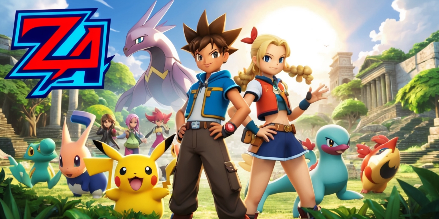 A vibrant and action-packed scene from Pokémon Legends: Z-A game, set in a lush, sprawling environment with a mix of ancient ruins and lush greenery, featuring the two main protagonists, a young male trainer with short, spiky brown hair and a determined expression, and a young female trainer with long, curly blonde hair and a confident smile, both with unique, adventurous outfits, standing back to back, surrounded by a diverse group of Pokémon, including a large, majestic Z-ISZ and a swift, agile A-PAK, with the sun shining down, casting a warm, golden light, and a few fluffy, white clouds scattered across the sky, with the game's logo, a bold, blue and red font with a stylized letter Z and A, prominently displayed in the top left corner.