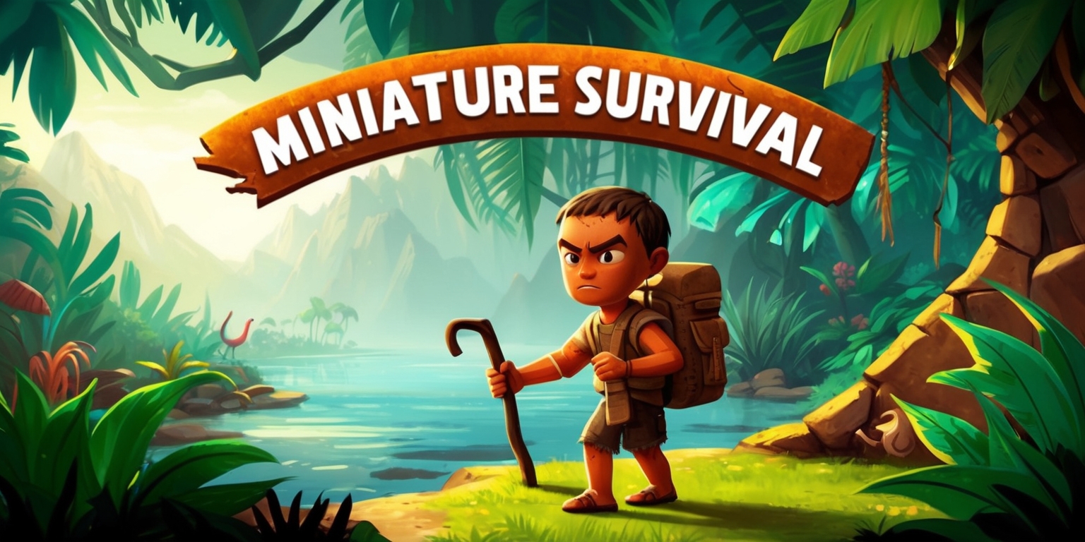 A miniature survival game set in a vibrant, stylized environment, with a mix of lush green forests, rugged mountains, and murky waters, featuring a small, determined figure with distinctive facial features, tanned skin, and worn clothing, carrying a backpack and holding a walking stick, standing at the edge of a dense jungle, surrounded by exotic plants and animals, with a subtle, golden light cast over the scene, and a sense of depth and adventure, incorporating earthy tones and textures, with the game's title and logo prominently displayed in a bold, sans-serif font, with the words Miniature Survival etched in a curved line above the figure, in a warm, earthy color.