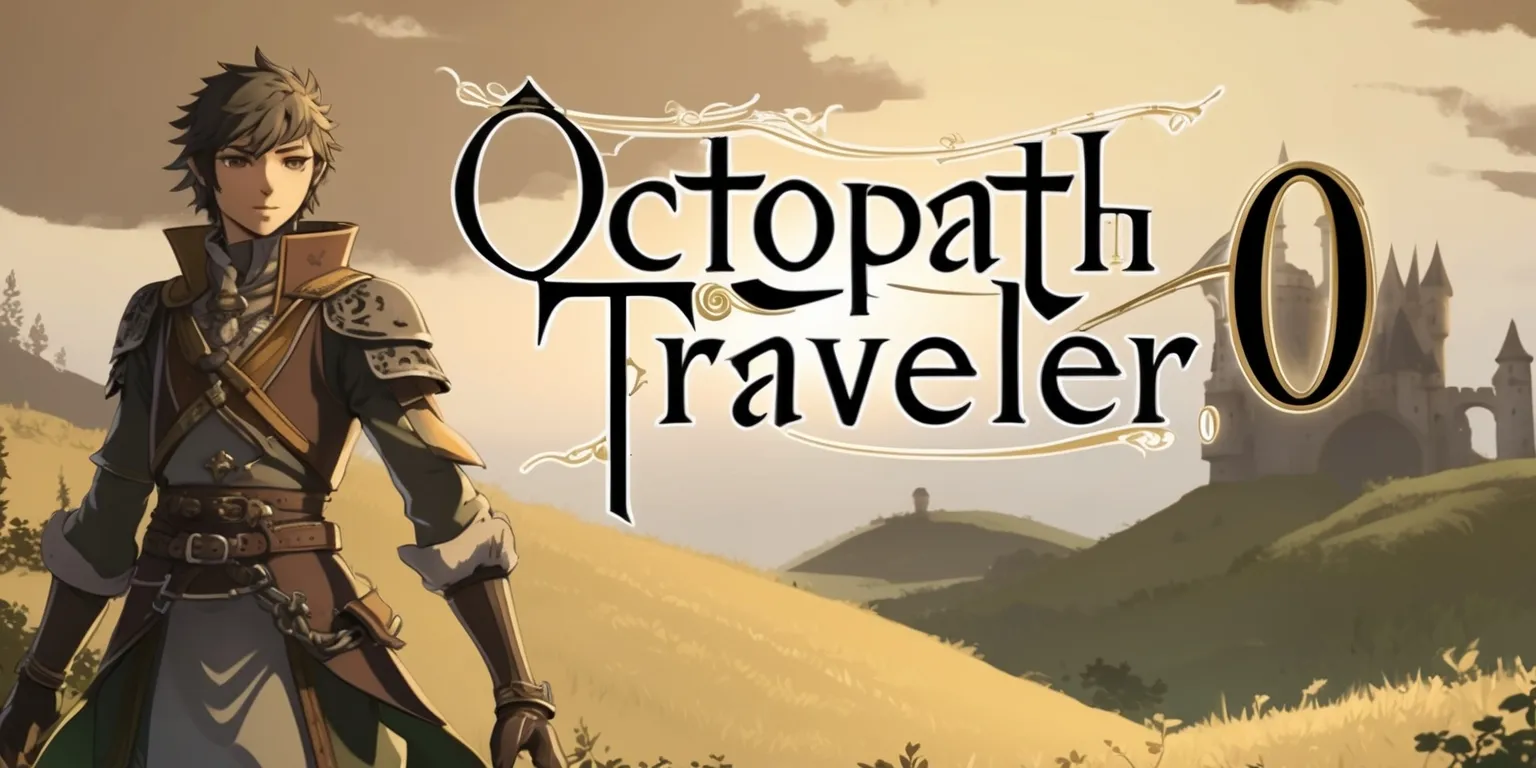 Octopath Traveler 0 game featuring a mix of medieval and fantasy elements with a muted color palette and intricate details, set against a warm golden light with deep shadows, showcasing a main character with distinctive facial features and attire, standing in a serene landscape with rolling hills and a castle in the background, with the game's logo prominently displayed in a elegant, cursive font with a subtle glow effect, incorporating a sense of adventure and mystery, with the overall style inspired by classic RPGs and Japanese artwork, and a layout that balances action and serenity.