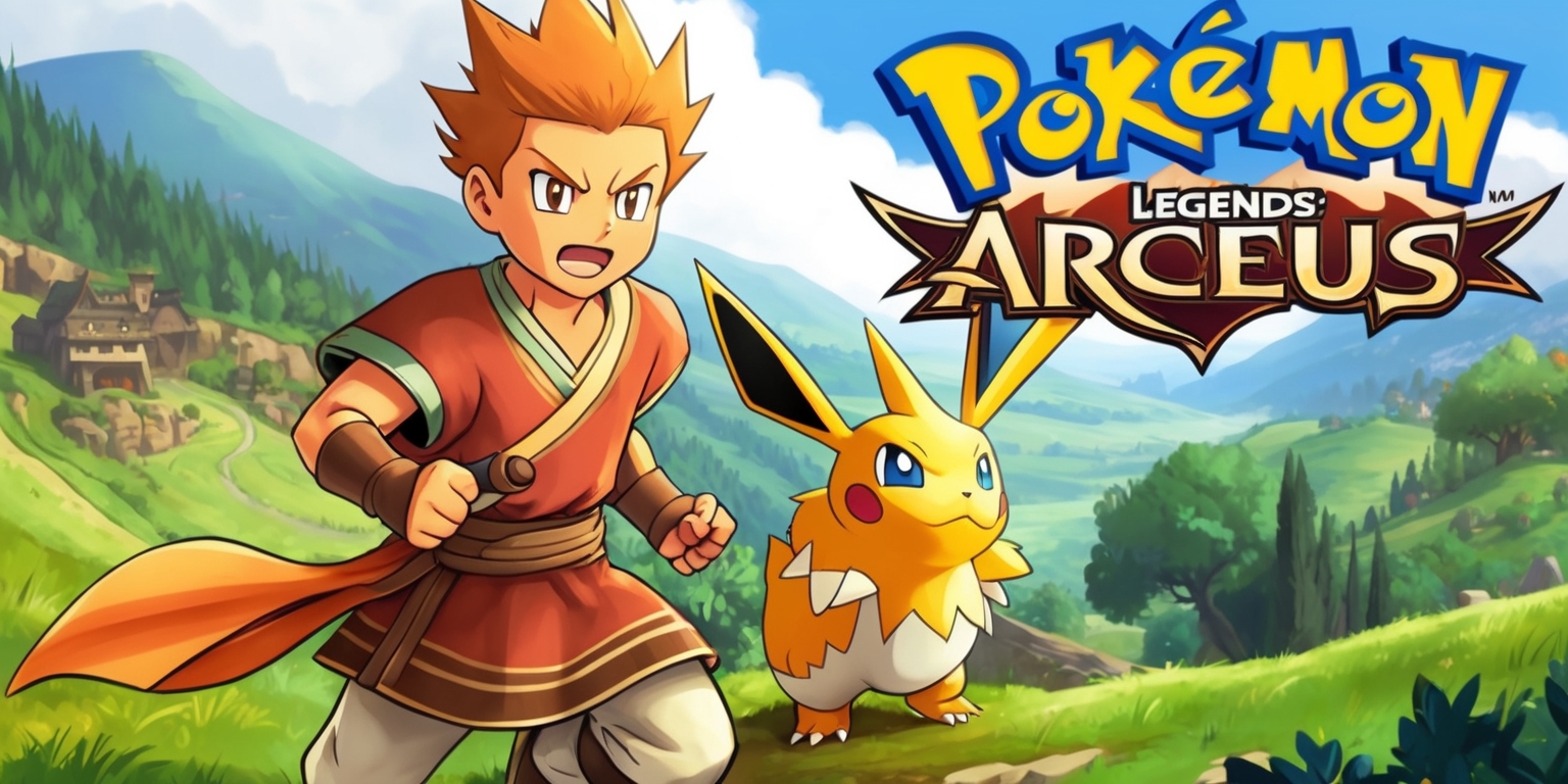 A vibrant, action-packed illustration of the Pokémon Legends: Arceus game, set in a lush, feudal-era inspired landscape with rolling hills and dense forests, featuring a young, determined trainer with a strong facial expression, short, spiky hair, and a warm, golden skin tone, wearing a traditional, earth-toned outfit, standing bravely alongside their trusty, mythical Pokémon, with the game's title in bold, fantasy-style letters, with a warm, earthy color scheme, and a sense of adventure and exploration, capturing the essence of the game's thrilling journey and majestic creatures.