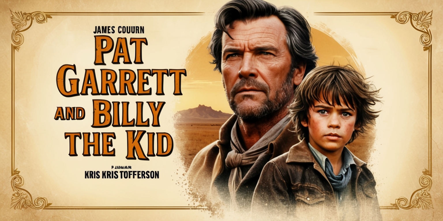 A worn, vintage-style poster for the 1973 Western film Pat Garrett and Billy the Kid starring James Coburn and Kris Kristofferson, set against a warm, dusty backdrop evoking the American Southwest, with faded beige and orange hues, and ornate, classic typography in bold golden letters, featuring a rugged, cinematic portrait of Pat Garrett with a strong jawline, piercing gaze, and weathered skin, alongside a youthful, rebellious Billy the Kid with a scruffy beard, messy brown hair, and a hint of mischief in his bright blue eyes, with a subtle, gradient sunset effect casting a nostalgic glow over the entire scene, surrounded by subtle, ornate borders and flourishes, conveying a sense of gritty realism and lawless frontier spirit.